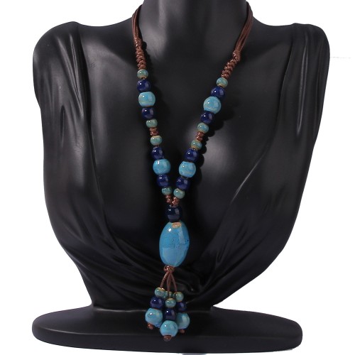 W ethnic style ceramic long necklace woman wind hanging ornaments Chinese style sweater chain