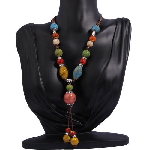 W brief all-Purpose retro ceramic necklace long style ethnic style sweater chain apparel fitting pendant pendant
