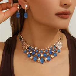 fashion exaggerating diamond blue Oval Acrylic necklace earrings set lady wedd..
