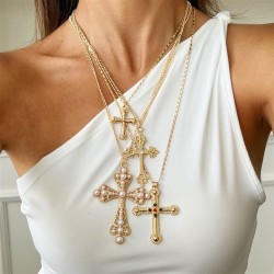 occidental style embed Pearl cross pendant necklace ins wind Metal chain man w..