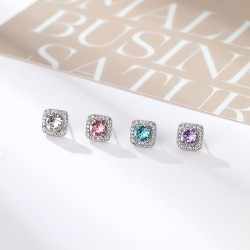 silver square fully-jewelled samll ear stud Korean style new fashion brief hig..