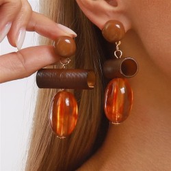E Autumn and Winter style Wood resin drop Round pendant earrings retro ethnic ..