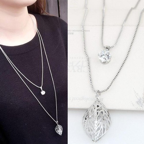 Korean style fashion  sweet flash diamond leaf Double layer temperament long necklace  sweater chain