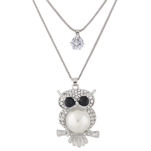 Korean style fashion  sweet flash diamond owl Double layer temperament long necklace  sweater chain