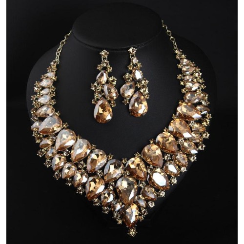 occidental style luxurious  super crystal glass gem necklace earrings set exaggerating