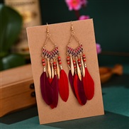 (   rose Red)sector tassel feather earrings woman long style Bohemia beads occidental style arring