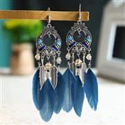 (E Tibetan green )ethnic style hollow long style feather earrings Bohemia wind leaves Earring color enamel