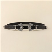 ( Silver)Double buckle head retro belt lady Tightness belt personality carving three punk Girdle ornament Cowboy big