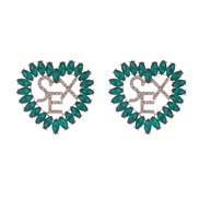 ( green)occidental style fashion personality brilliant Rhinestone Word heart-shaped earrings fashion high temperament e