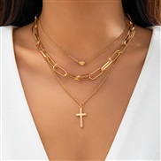 ( 2  Gold 61  )occidental style  Metal snake chain Peach heart necklace  personality cross pendant multilayer