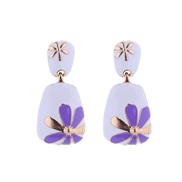 (purple)occidental style earrings Alloy enamel ear stud woman square fashion flowers pattern exaggerating