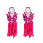 ( rose Red)occidental style silver long style tassel diamond Pearl earrings fashion high Bohemian style temperament Ear