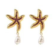 ( rose Red)E occidental style summer Alloy diamond starfish earrings fashion wind Pearl Earring