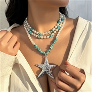 ( White K 6357)occidental style wind exaggerating starfish big pendantnecklace women chain samll imitate Pearl wind nec