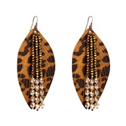 ( Brown) personality leather earrings leaves leopard leather crystal tassel high samll exaggerating Earring