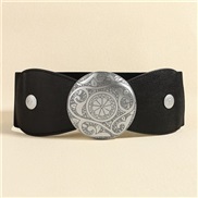 (  anti silver)Metal Round buckle belt woman carving retro Girdle ornament big Winter all-Purpose elasticity Girdle pal