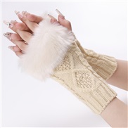 (Free Size )( Beige)rhombus short style glove Autumn and Winter woolen sleeves woman sleeves knitting warm