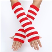 (Free Size )( red + while )long blue patchwork Stripe woolen glove Autumn and Winter medium long style woman warm fashi