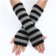 (Free Size )( black + Light gray)long blue patchwork Stripe woolen glove Autumn and Winter medium long style woman warm