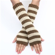 (Free Size )( khaki+)long blue patchwork Stripe woolen glove Autumn and Winter medium long style woman warm fashion kni