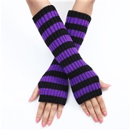 (Free Size )( black + purple )long blue patchwork Stripe woolen glove Autumn and Winter medium long style woman warm fa