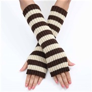 (Free Size )( Brown+)long blue patchwork Stripe woolen glove Autumn and Winter medium long style woman warm fashion kni