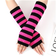 (Free Size )( black + rose Red)long blue patchwork Stripe woolen glove Autumn and Winter medium long style woman warm f