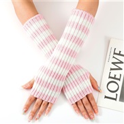 (Free Size )( pink+ while )long blue patchwork Stripe woolen glove Autumn and Winter medium long style woman warm fashi