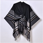 ( Color stripe black) new occidental style color Stripe belt shawl Coat lady Jacquard warm tassel cardigan