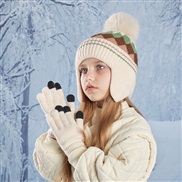 (   Beige)child hat gloves color rhombus knitting woolen man woman velvet warm hedging