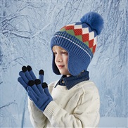 (   blue)child hat gloves color rhombus knitting woolen man woman velvet warm hedging