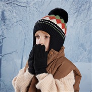 (   black)child hat gloves color rhombus knitting woolen man woman velvet warm hedging