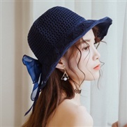 ( Navy blue)summer lady sunscreen straw hat foldable sun hat Sandy beach sunscreen bow Bucket hat