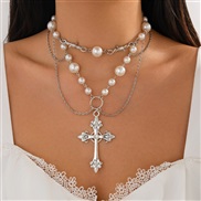 ( 3  White K 69 5)occidental style punk cross pendant necklace woman  personality Metal Rivet imitate Pearl clavicle