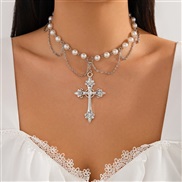 ( 5  White K 69 7)occidental style punk cross pendant necklace woman  personality Metal Rivet imitate Pearl clavicle