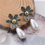 ( gray)ins wind occidental style earrings geometry drop flowers Pearl ear stud brief all-Purpose Alloy enamel Earring