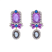 (purple)occidental style luxurious fashion palace wind Alloy diamond earrings personality high geometry Earring woman