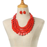 ( red)ethnic style geometry multilayer necklace earrings set banquetnecklace