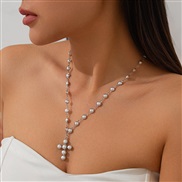 ( White K 6813)occidental style temperament imitate Pearl cross pendant necklace woman  briefins wind Metal chain clavi